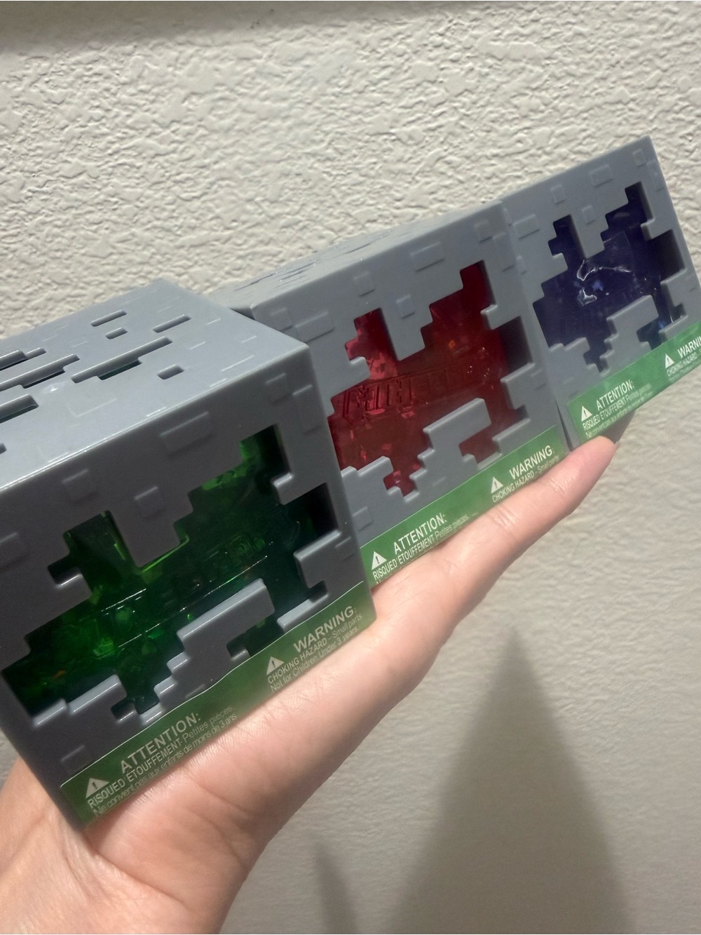 Bundle of 3 Minecraft Jelly Cubes Collectible Squishy Toy. Green, Red & Pueple